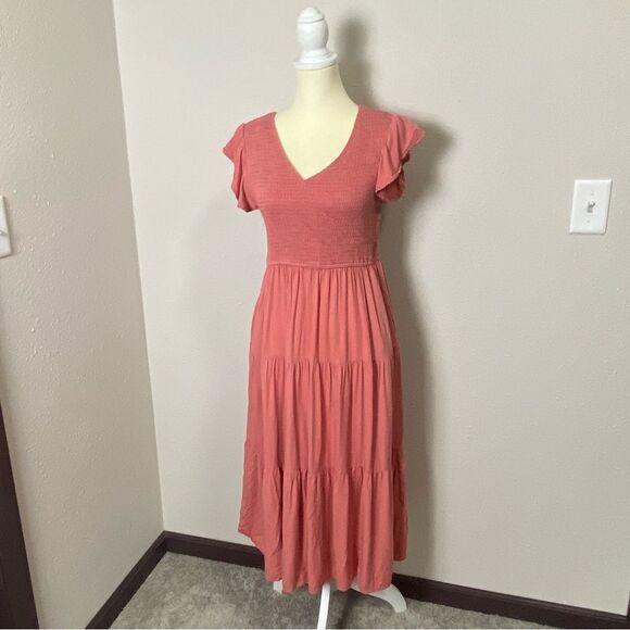MEROKEETY Women's Flutter Sleeve Smocked Midi Dress V Neck Casual Tiered Size L - Picture 6 of 14